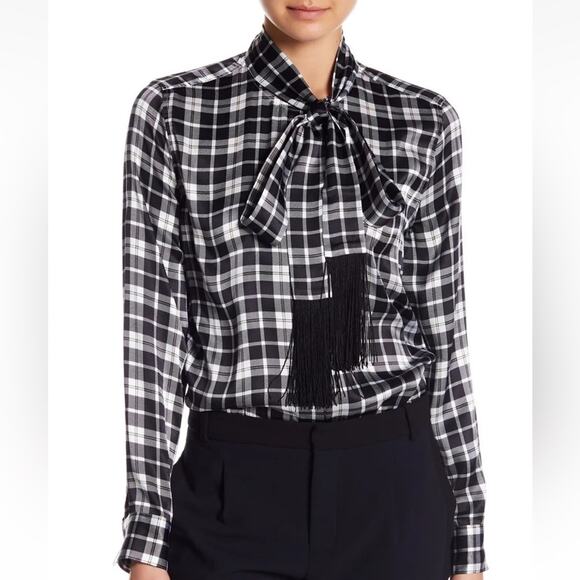 Equipment Femme Essential Tie Neck Silk Shirt in Bright White Palo Santo Plaid L - Picture 2 of 8